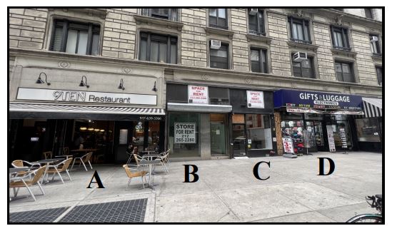 ADDITONAL INFORMATION :
• High foot traffic area
• Steps from Central Park
• Spaces can be combined
• Space A: Fully Vented Restaurant
• Located near the N, Q, R, W & F trains
