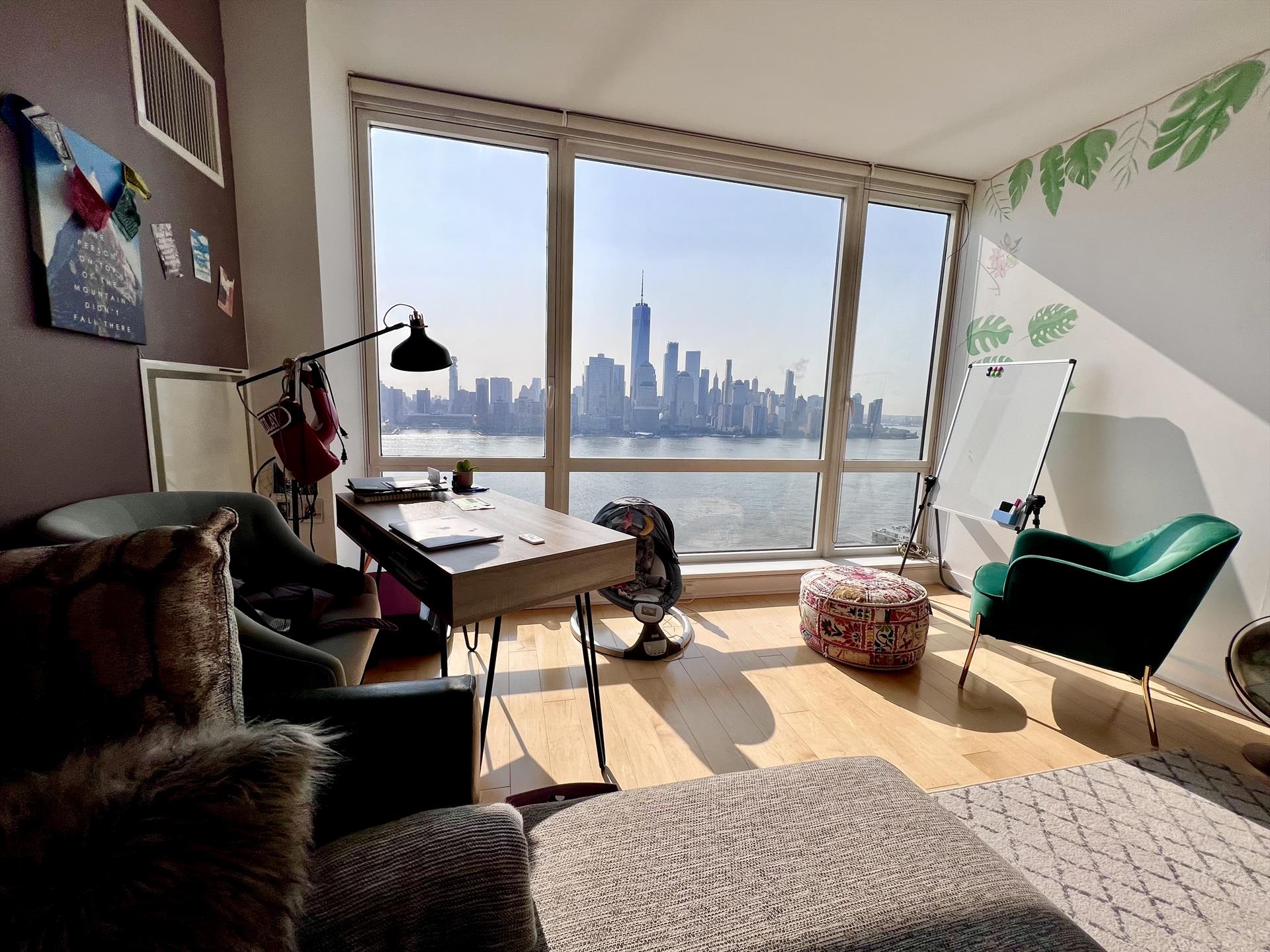 Don't miss this gorgeous 1 bedroom 1.5 bath located at Crystal Point in Downtown Jersey City. Long spacious entry hallway with chef's kitchen with gas stove, dishwasher, washer dryer in unit, and valet parking included. Sweeping views of Manhattan and great natural lighting. Walk in closet and built in closet dresser in bedroom. Lots of storage and space in this highly sought after unit. Community amenities include a brand new pool, grills, gym, community room, and more! Accent walls can be painted or kept as is (wall mural was professionally added by an artist). Call for tour or video today.