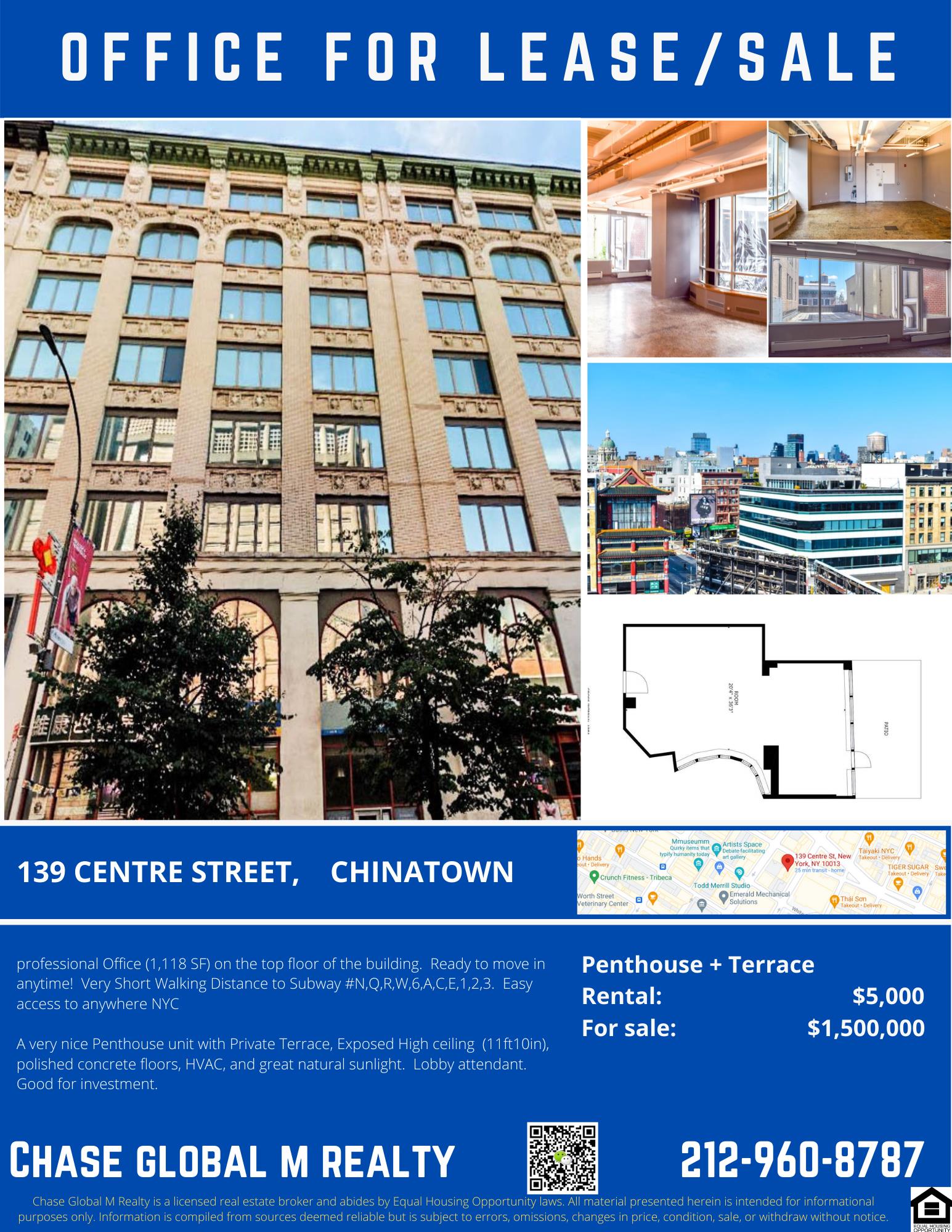 A very nice Penthouse unit with Private Terrace, Exposed High Ceiling, polished concrete floors, HVAC, and great natural sunlight, lobby attendant. Good for investment!