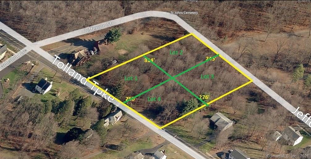 Attention Builders! Two legal Lots. Potential four lot split with frontage on Tolland Turnpike and Jefferson Street. Property is currently two legal lots, split each to make four lots, see survey image. Higher density may be possible with zone change. Seller wants offers!