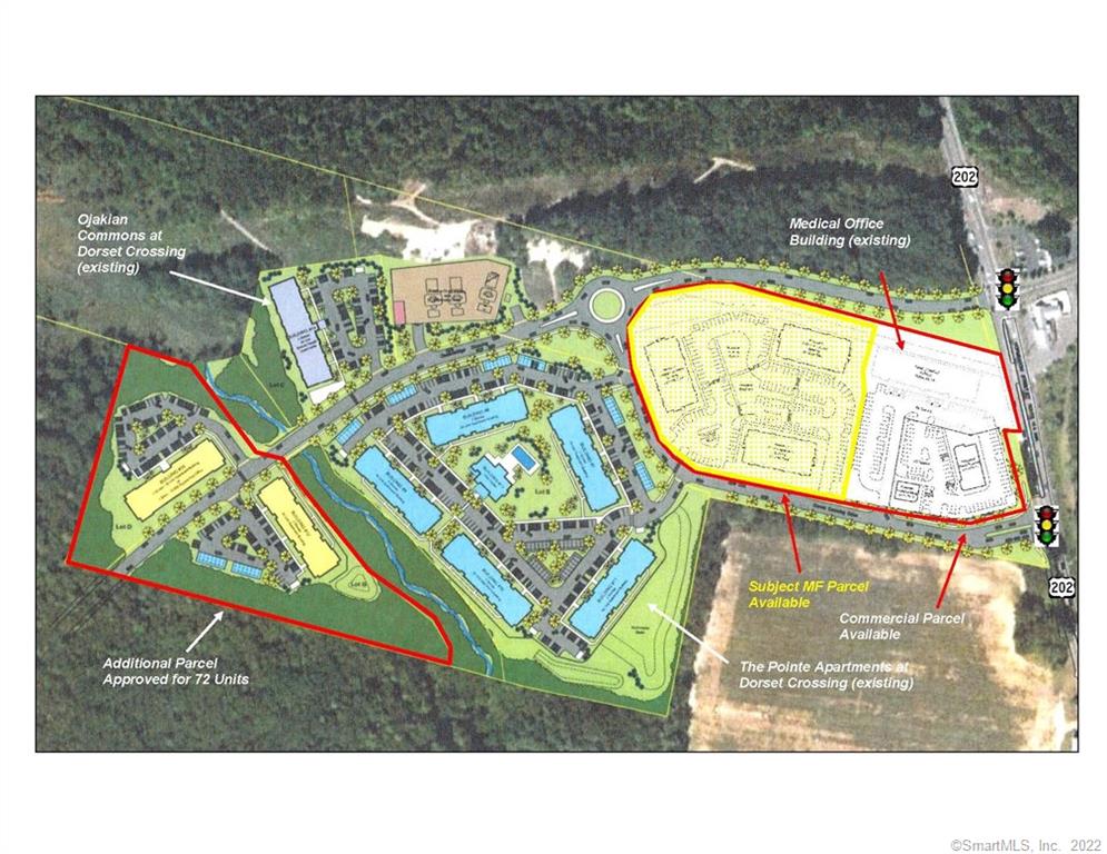 4.5 acres of the Dorset Crossing master planned complex is approved for 72 multi-family units, including 64 market rate units and 8 affordable units based on area median income. The Pointe at Dorset Crossing with 168 units is a successful existing apartment complex with low vacancy rates, and has been sold twice since 2017. An additional 72 units to the rear of The Pointe are also recently approved under separate ownership. An existing medical office / retail building of about 15, 000 square feet is adjacent to the site and also available for sale or lease, and another available one-acre lot to the southeast would be ideal for a bank, restaurant, or other commercial enterprise. The site has great visibility from Route 202, where there is a signalized entrance into the complex. The land is level with very well drained soils. Daily traffic count is about 12, 000, and all utilities are available. The site is just 15 minutes from Bradley International Airport, and 25 minutes from downtown Hartford.