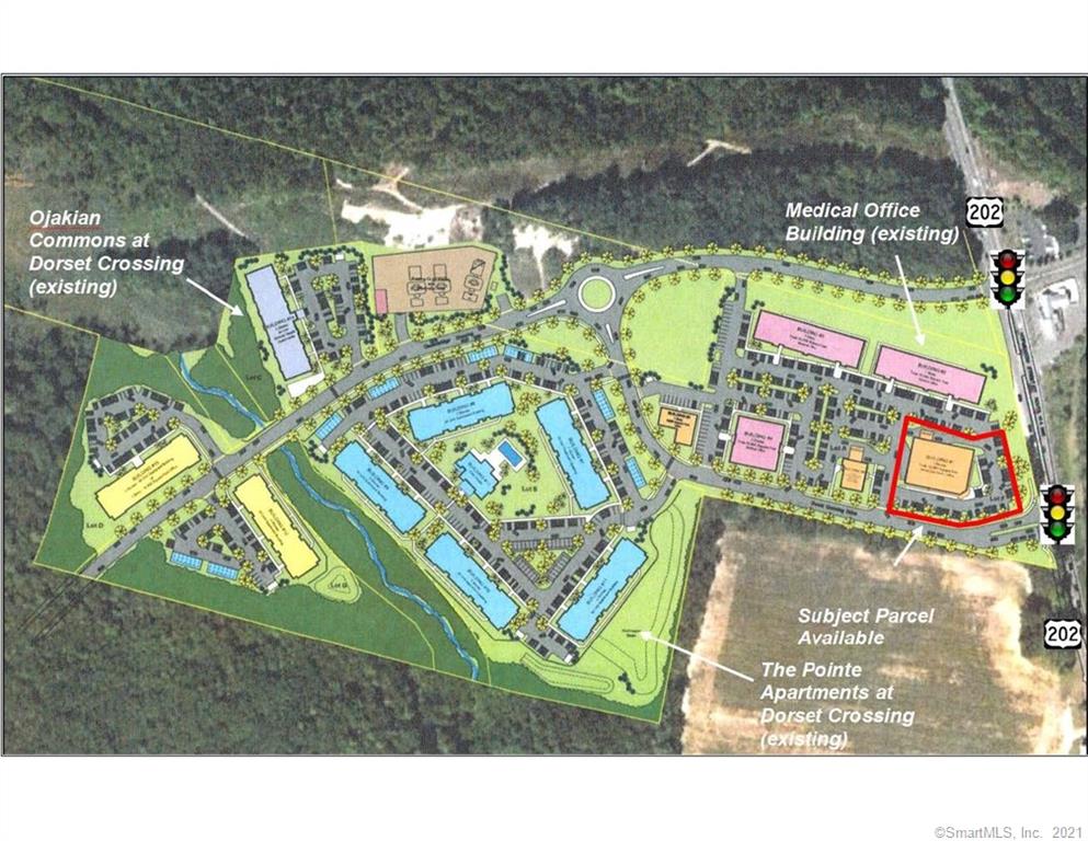 One acre of the Dorset Crossing master planned complex is available and already approved for 14, 500 square feet of new office and commercial space. Ideal uses at this location include bank, restaurant, or retail store. The site has direct frontage on Route 202 and is at the main entrance to the complex at a signalized intersection. An existing medical office building of about 15, 000 square feet occupies the site, which is adjacent to The Pointe apartment complex. The land is level with very well drained soils. Daily traffic count is about 12, 000, and all utilities are available. Dorset Crossing is just up the street from a brand new Big Y grocery store. The site is just 15 minutes from Bradley International Airport, and 25 minutes from downtown Hartford.