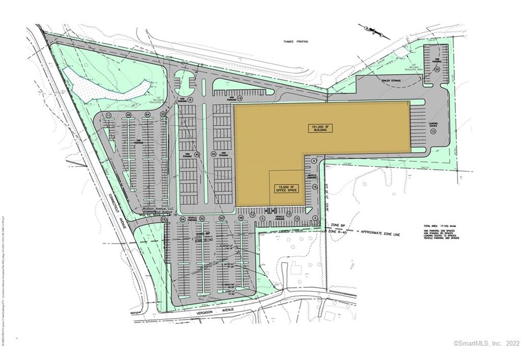 17.16 Acre lot. To Be Built Data Center/Distribution Center Manufacturing/Warehouse Facility , 36' clear ceiling height. Pre-Cast Concrete/Tilt Up construction. Vehicle Parking: 285 Spaces, Van Parking: 209 Spaces, Van Staging: 80 Spaces, Loading Docks: 12 Spaces. Frontage: 1, 027 Ft. 12 Municipal Water Line, 8 Sewer Line, Gas Line (600 P.S.I.) Electrical Service: 1, 200 (approx.), Year Built: 2022 (Planned), Zoned: Business Park Minimum 10 year term. Parcel has frontage on Connecticut Ave and Vergason Ave. Land is part of Norwich Business Park. Easy access to Route 2, Route 32 & I-395.