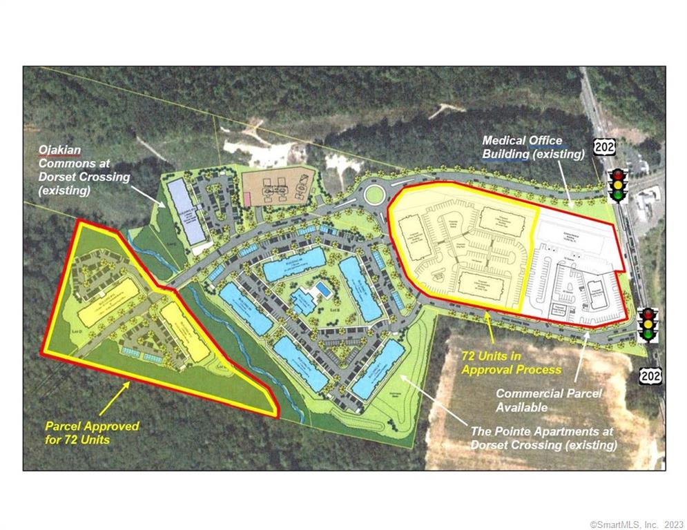 The Dorset Crossing master planned complex is approved for 72 new market rate multi-family units, with 72 more multi-family units in the approval process. The combined multi-family project is available at $4, 950, 000. An existing medical office building of about 15, 000 square feet is at Dorset Crossing and also available for sale or lease, and another available one-acre lot would be ideal for a bank, restaurant, or other commercial enterprise. The Pointe at Dorset Crossing with 168 units is a successful existing apartment complex with low vacancy rates, and has been sold twice in the last several years. The overall site has great visibility from Route 202, where there is a signalized entrance into the complex. Daily traffic count is about 27, 000, and all utilities are available. The site is just 15 minutes from Bradley International Airport, and 25 minutes from downtown Hartford.