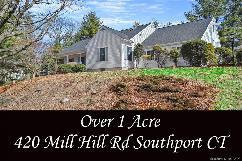 Nestled in the coveted Mill Hill neighborhood! Welcome to 420 Mill Hill Rd, a sun-filled 4 Bed, 5 Bathroom home set on 1 acre. Fantastic space and ready for a make-your-own home! Room for expansion, a pool, or more. Upon entry is a grand open flow with an impressive foyer! Beautiful gas fireplace with large-scale mantel. Pivot into the open-flow dining room directly off the kitchen. New entry tile on the main level through the kitchen and foyer. French door leads to the outside deck with a large side yard space and a tree-lined backyard. Bonus 3 Car garage. Newly updated exterior and roof. The lower level is unanimous offering a large full bathroom, open space for either a potential in-law or nanny suite, or just an incredible lower-level living area. Lovely Southport location.